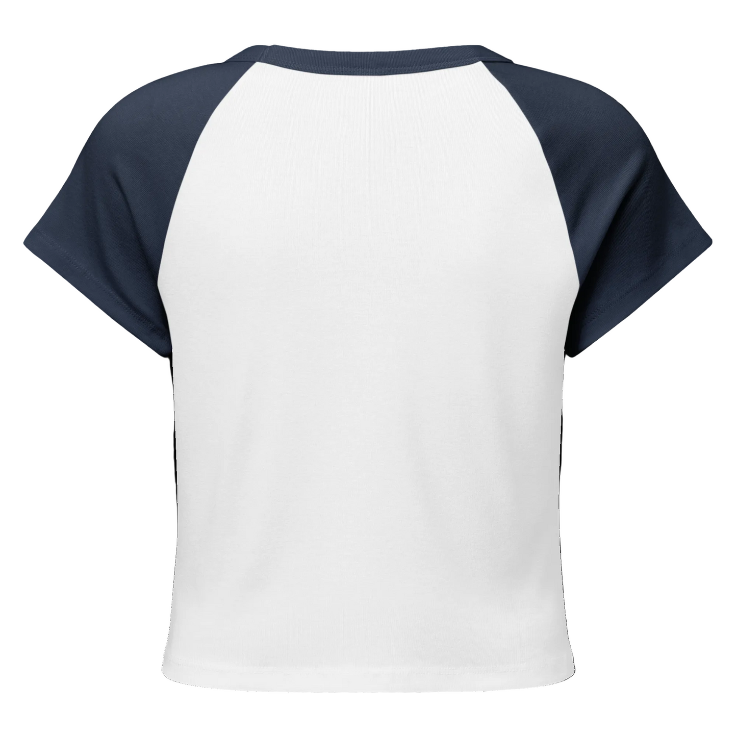 White t-shirt with navy sleeves on a white background