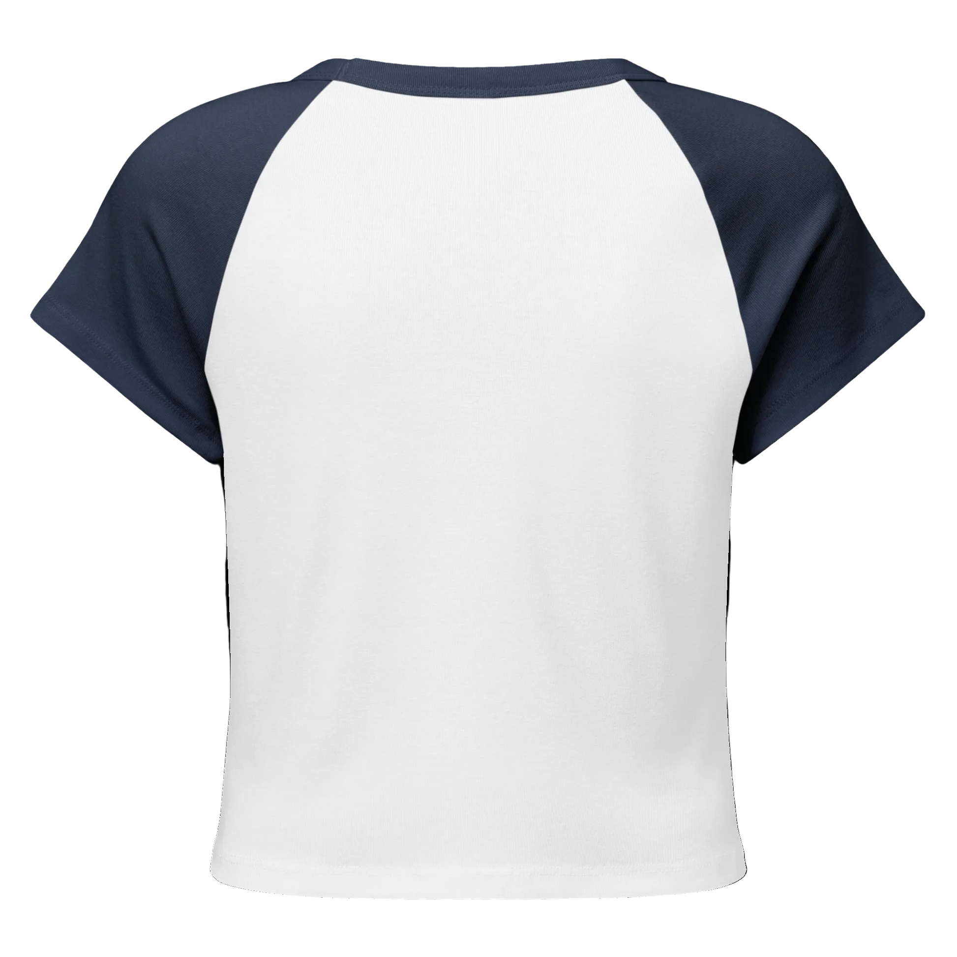 White t-shirt with navy sleeves on a white background